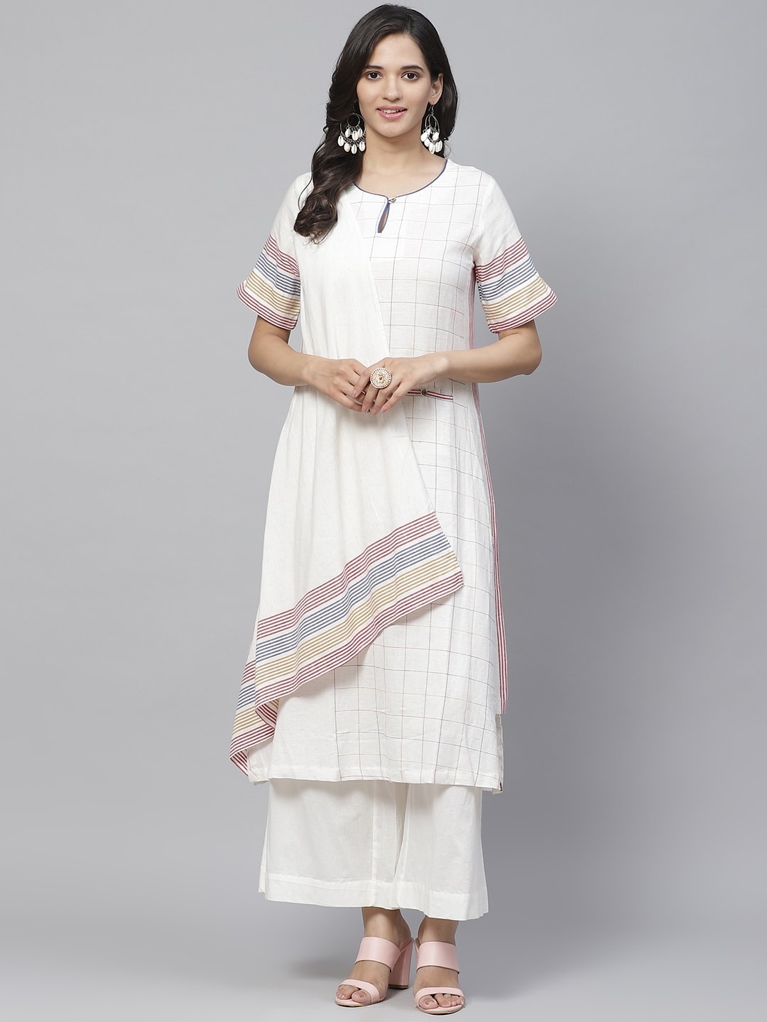 

Biba Women Off-White & Blue Checked Layered Kurta with Palazzos