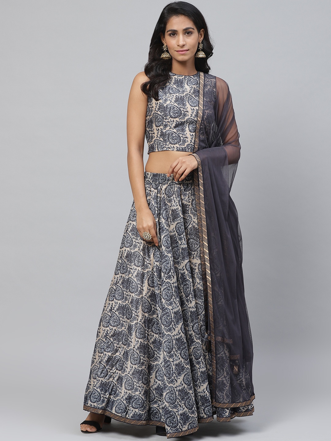 

Biba Beige & Navy Blue Printed Ready to Wear Lehenga & Blouse with Dupatta