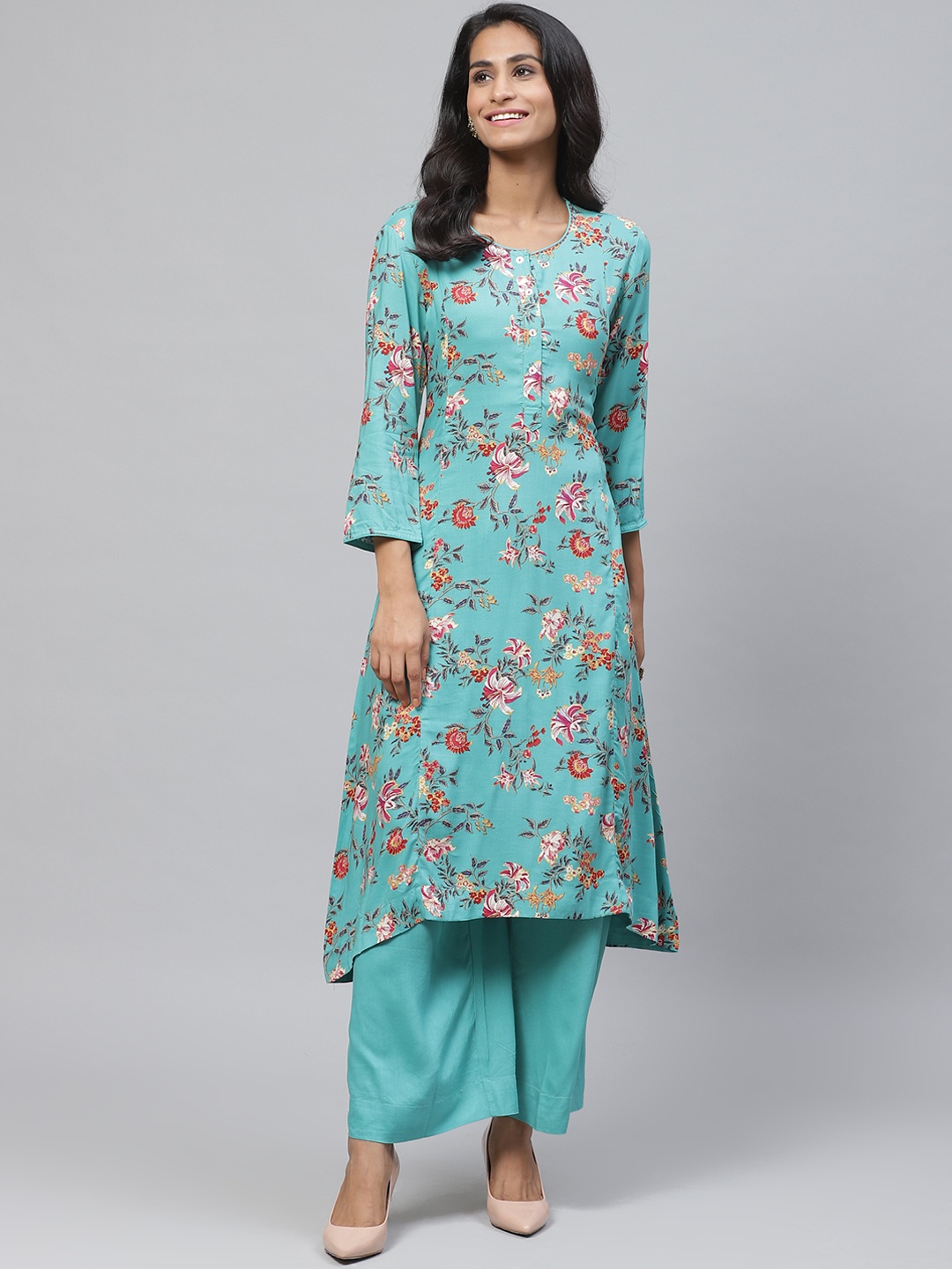 

Biba Women Turquoise Blue & Pink Floral Printed Kurta with Palazzos