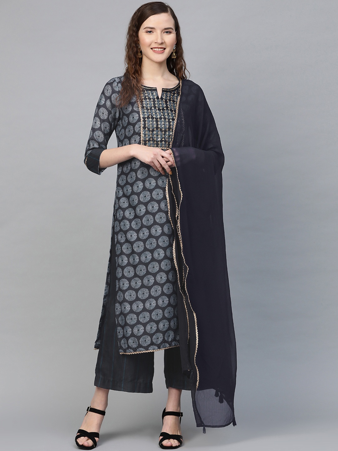 

Biba Women Navy Blue & Off-White Printed Kurta with Palazzos & Dupatta