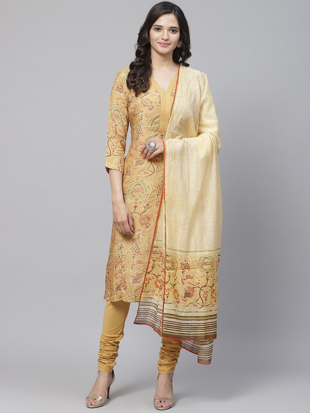 

Biba Women Mustard Yellow & Orange Pure Cotton Printed Kurta with Churidar & Dupatta
