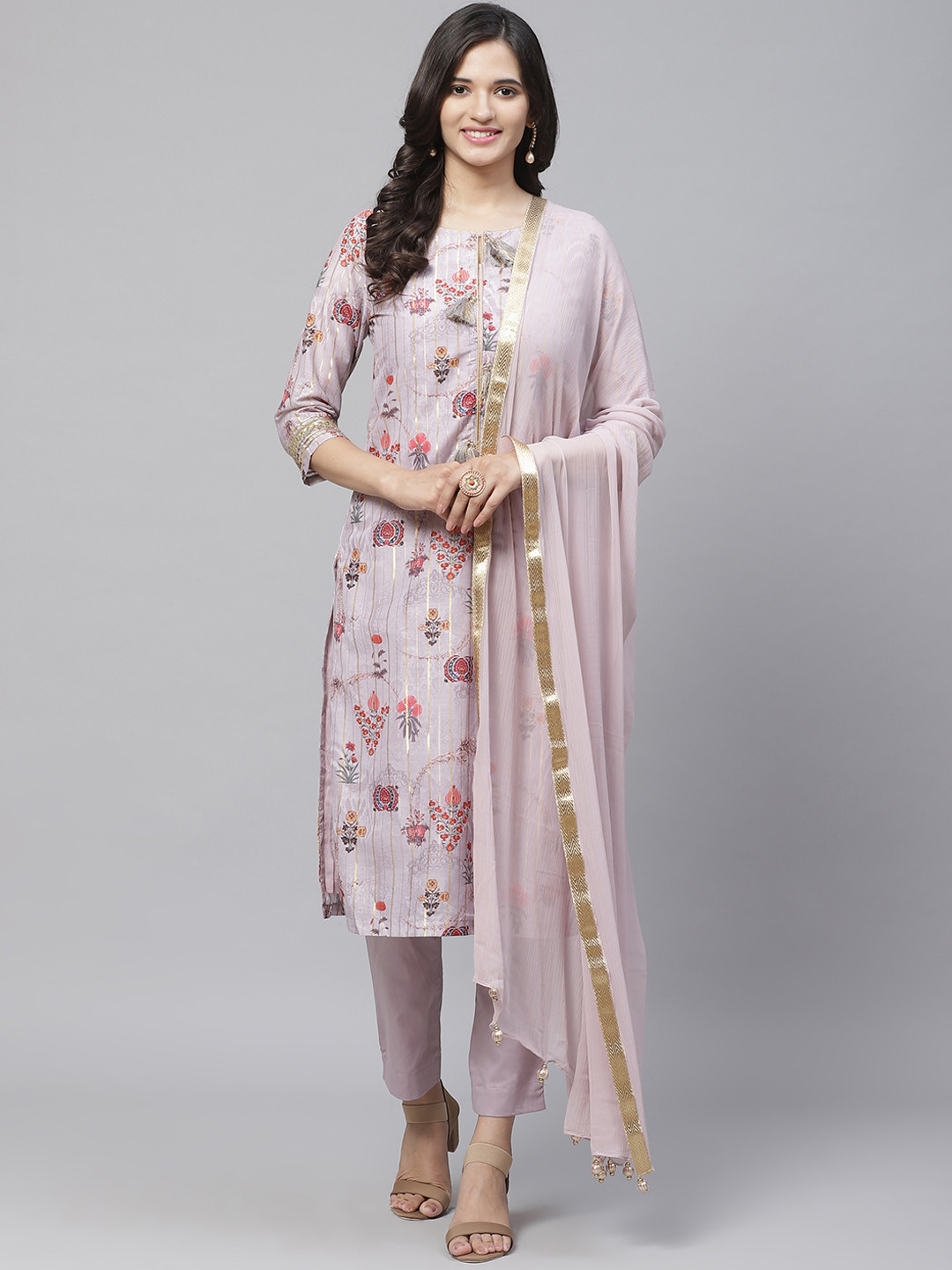 

Biba Women Mauve & Red Printed Kurta with Trousers & Dupatta