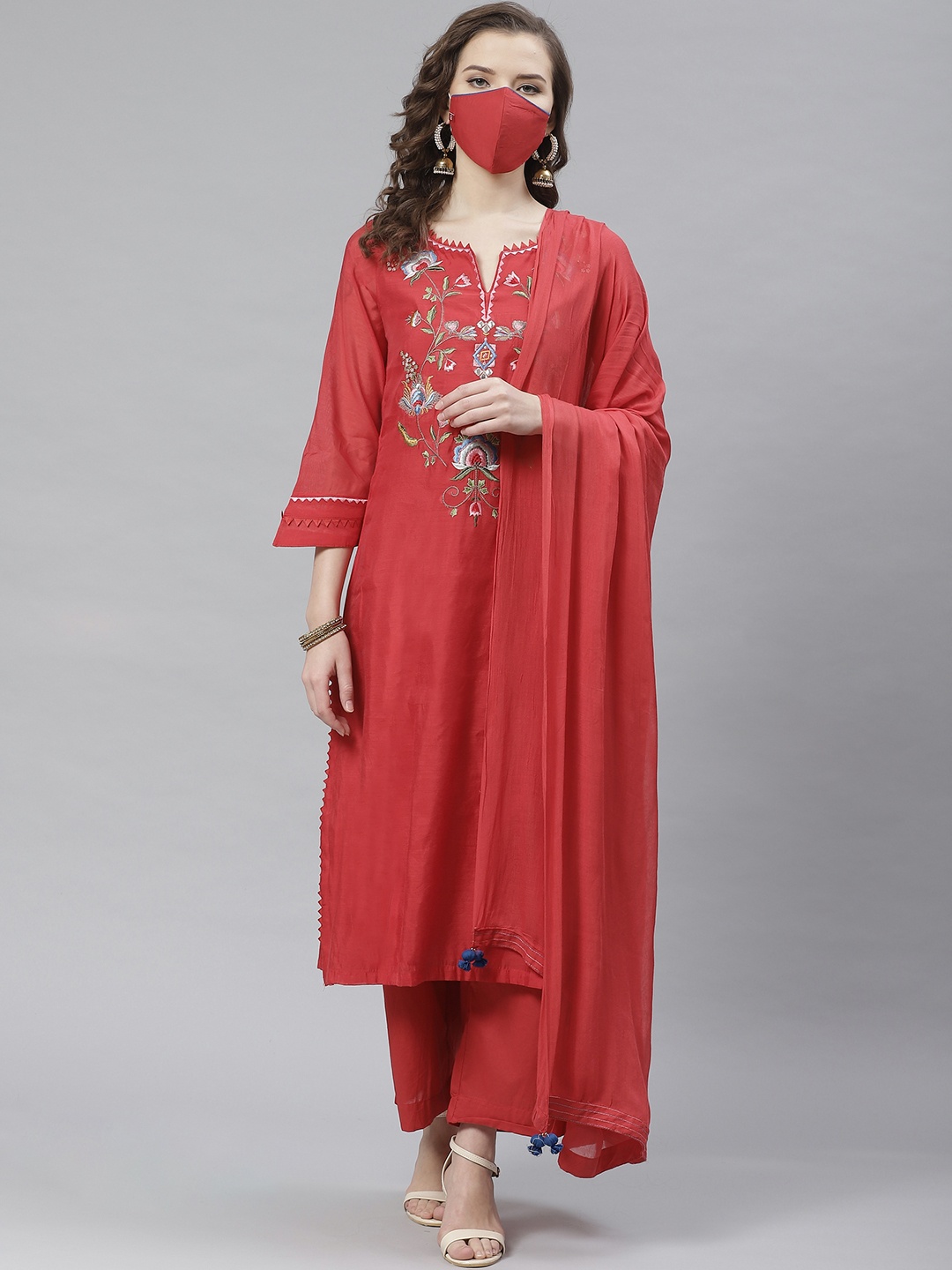 

Biba Women Red Yoke Design Kurta Set