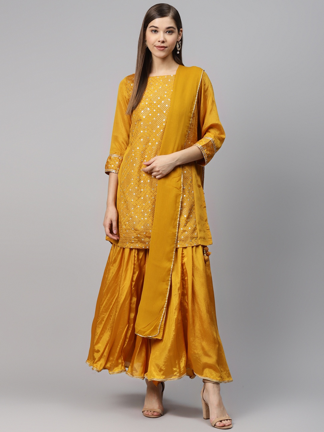 

Biba Women Mustard Yellow Embroidered Kurta with Sharara & Dupatta