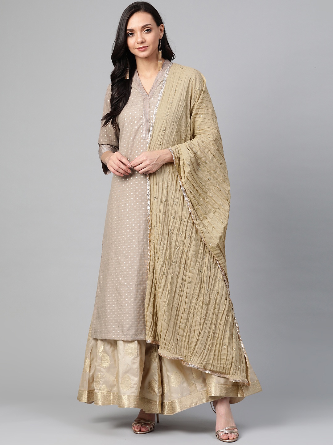 

Biba Women Taupe & Golden Self-Design Dobby Weave Kurta with Palazzos & Dupatta