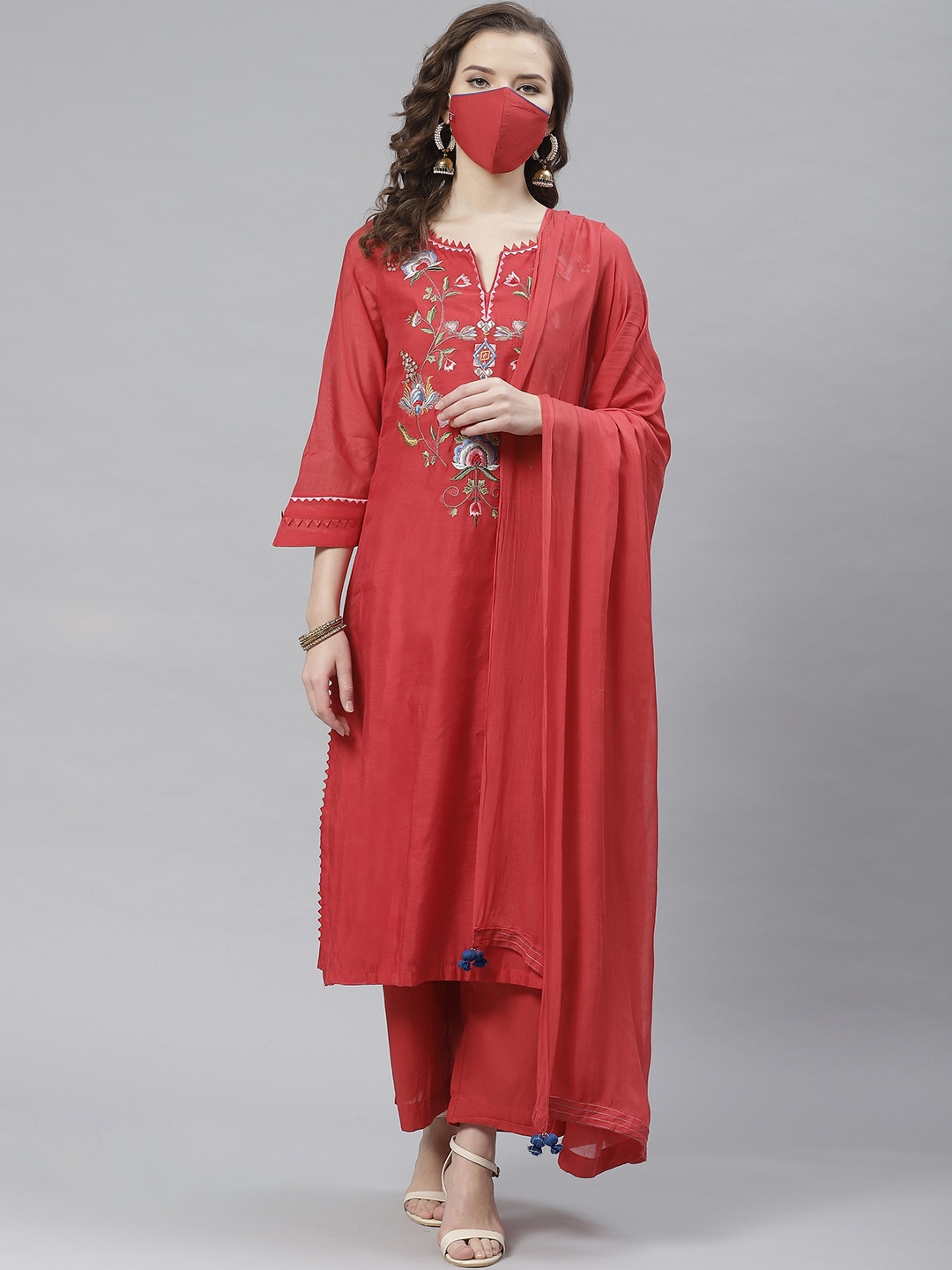

Biba Women Red Yoke Design Kurta with Trousers & Dupatta