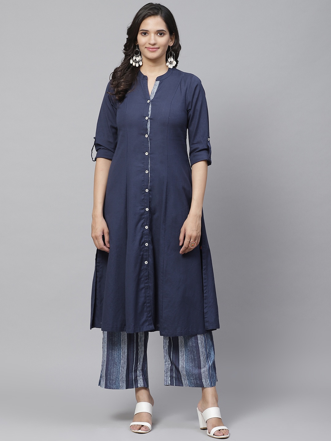 

Biba Women Navy Blue & White Solid Kurta with Palazzos