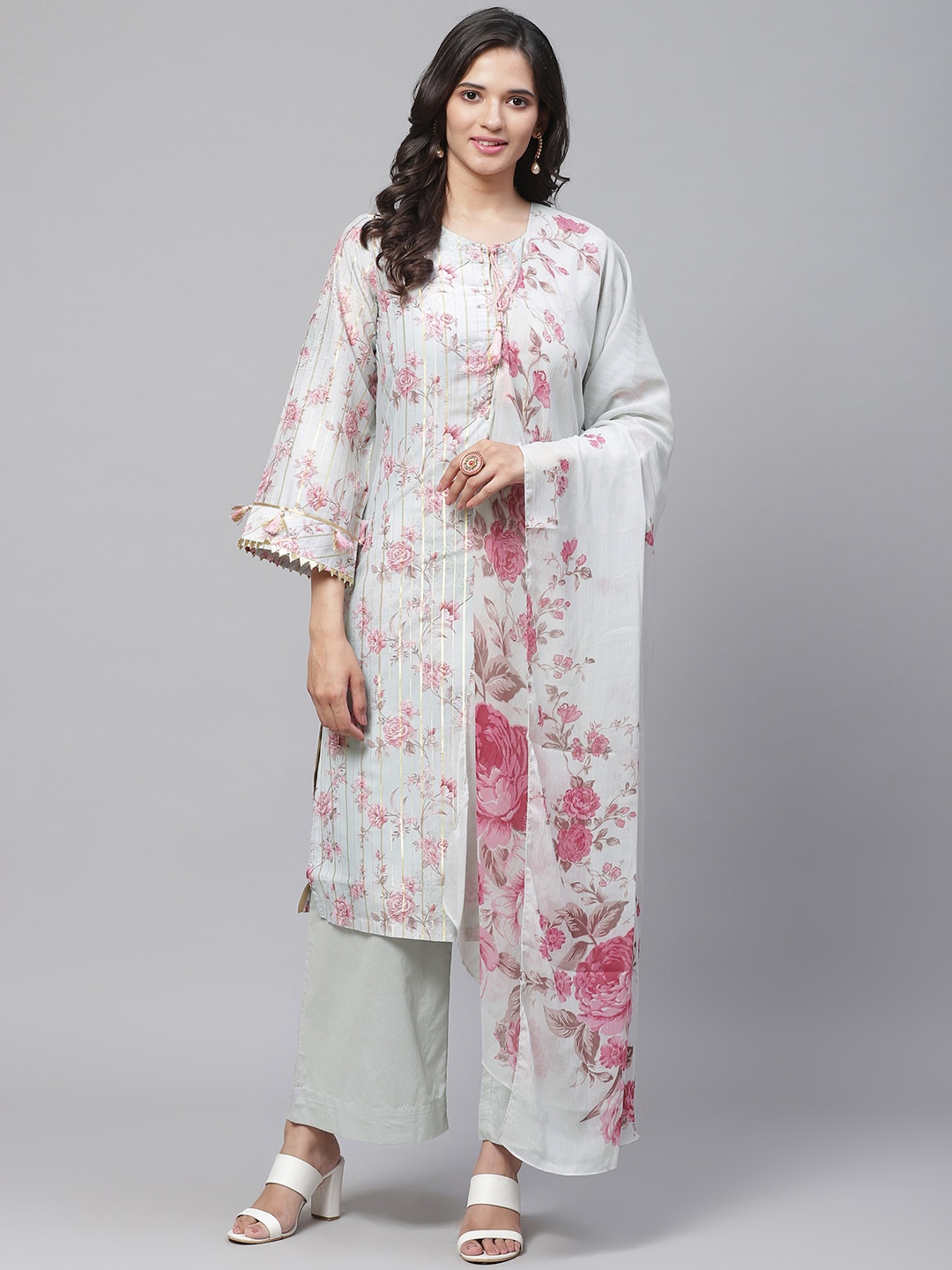 

Biba Women Grey & Pink Floral Print Kurta with Palazzos & Dupatta