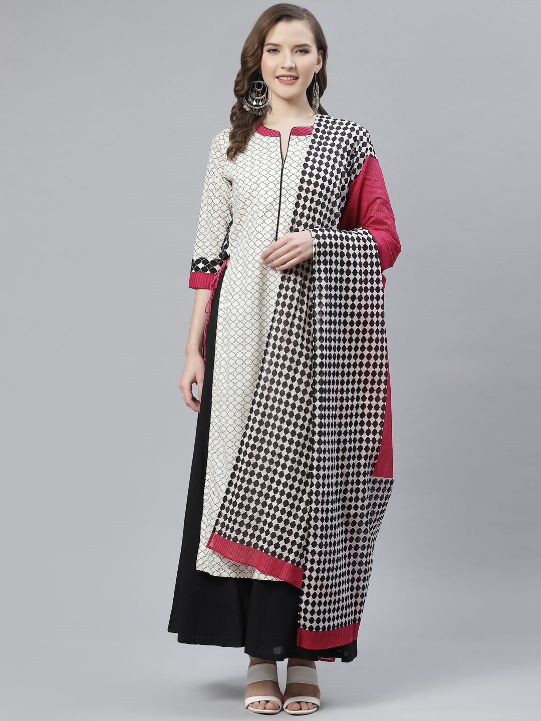 

Biba Women Off-White & Black Printed Kurta with Palazzos & Dupatta