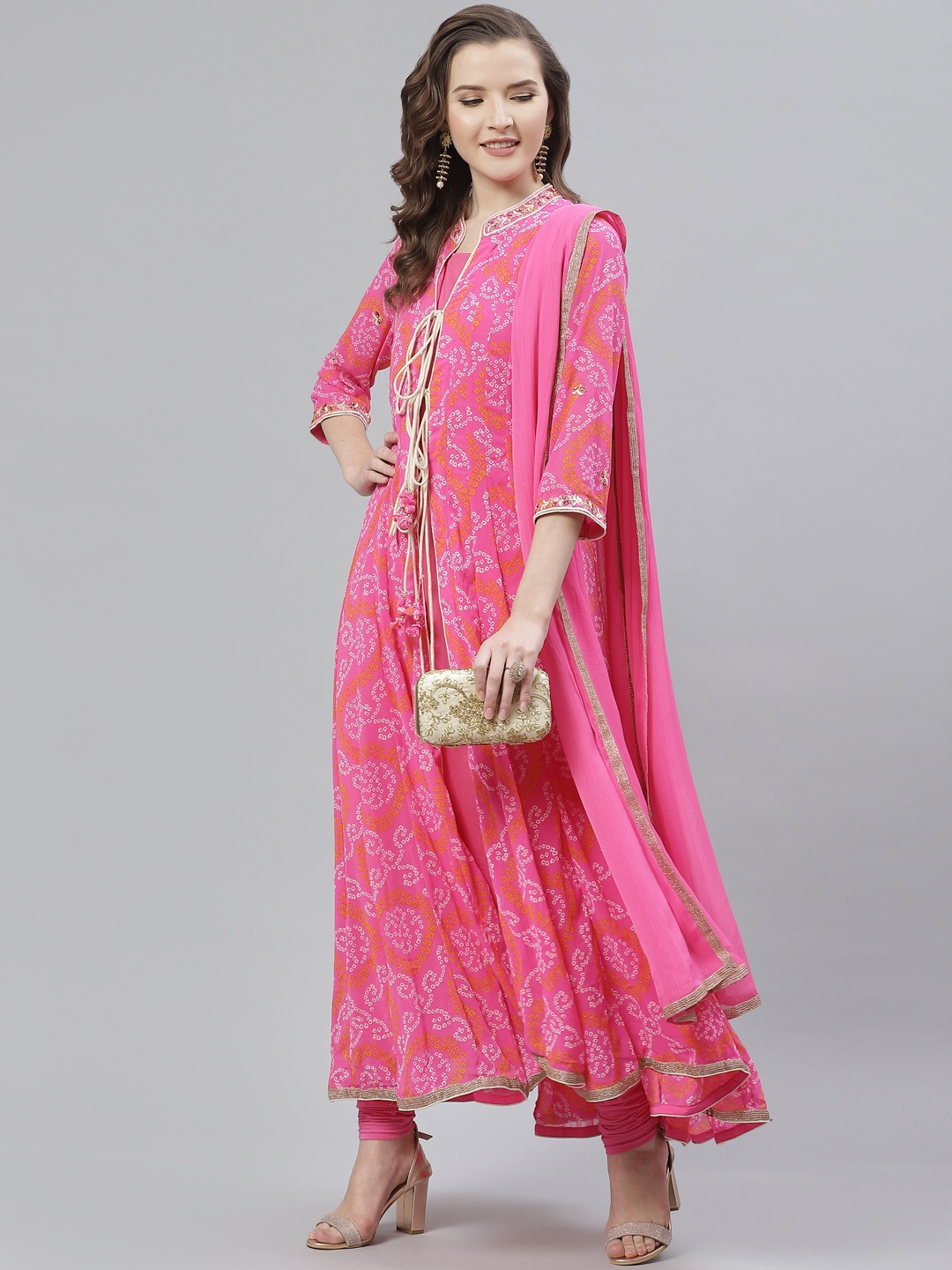 

Biba Women Pink & Off-White Printed Layered Kurta with Churidar & Dupatta