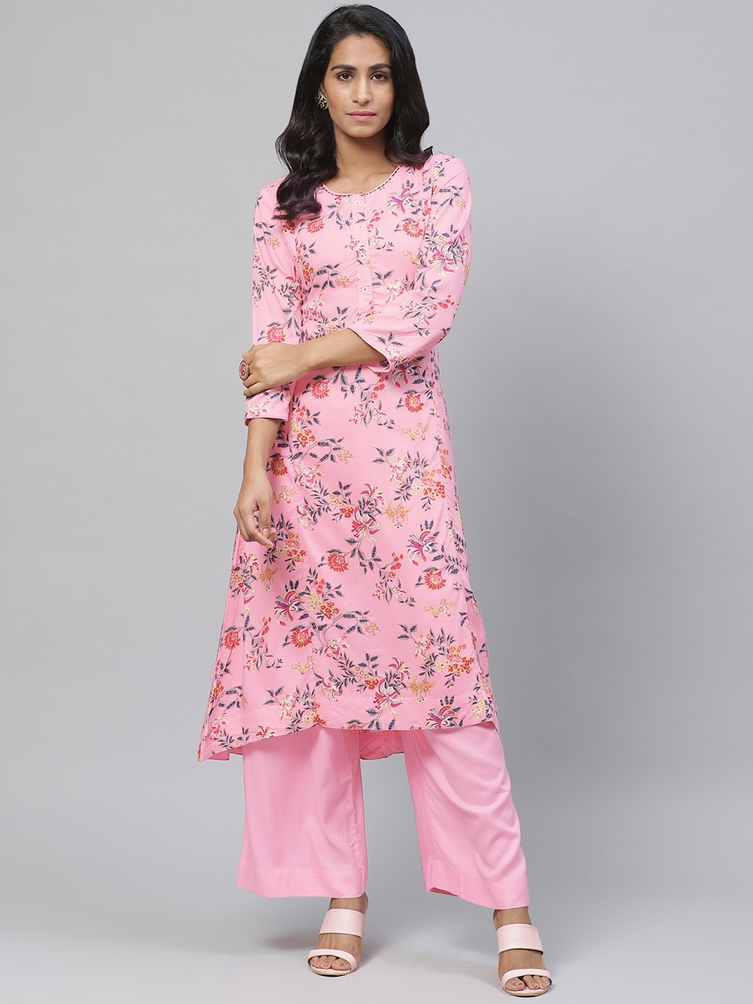 

Biba Women Pink & Blue Floral Printed Kurta with Palazzos