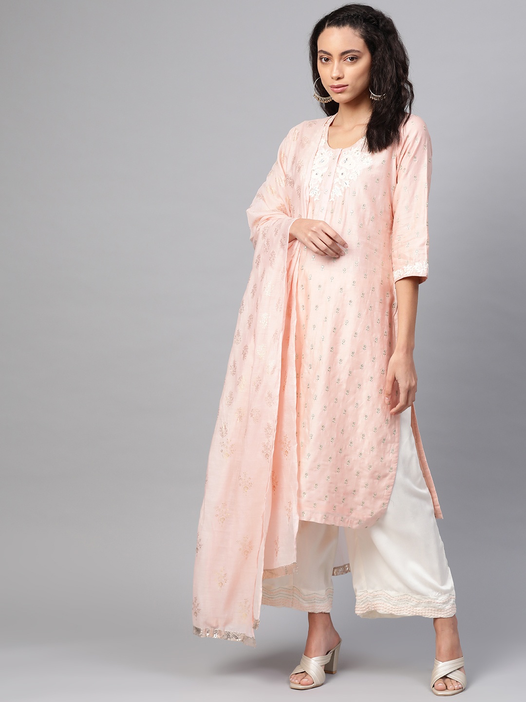 

Biba Women Pink & Golden Embroidered Kurta with Palazzos & Dupatta