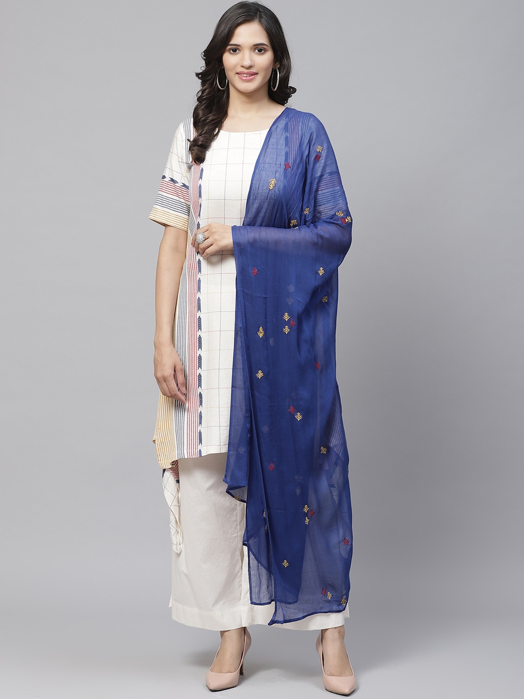 

Biba Women Off-White & Blue Checked Asymmetric Kurta with Palazzos & Dupatta