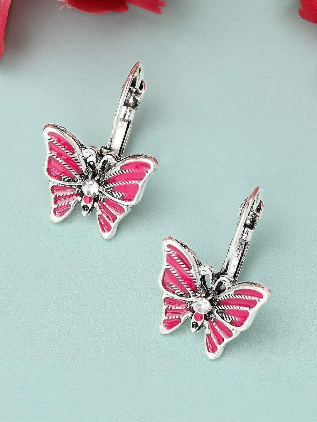 

TOKYO TALKIES X rubans FASHION ACCESSORIES Silver-Toned & Pink Quirky Oxidised Earrings
