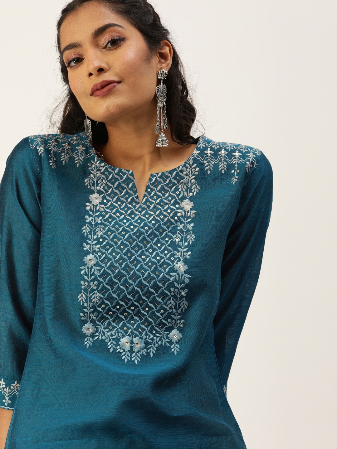 

Varanga Women Teal Blue Yoke Design Straight Kurta with Sequins