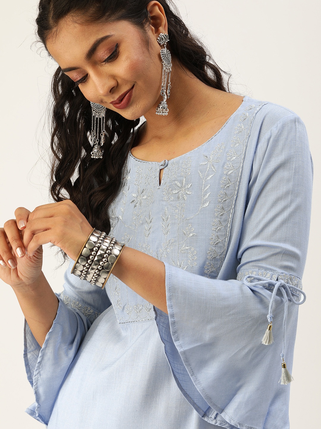 

Varanga Women Blue Yoke Design Straight Kurta with Bell Sleeves