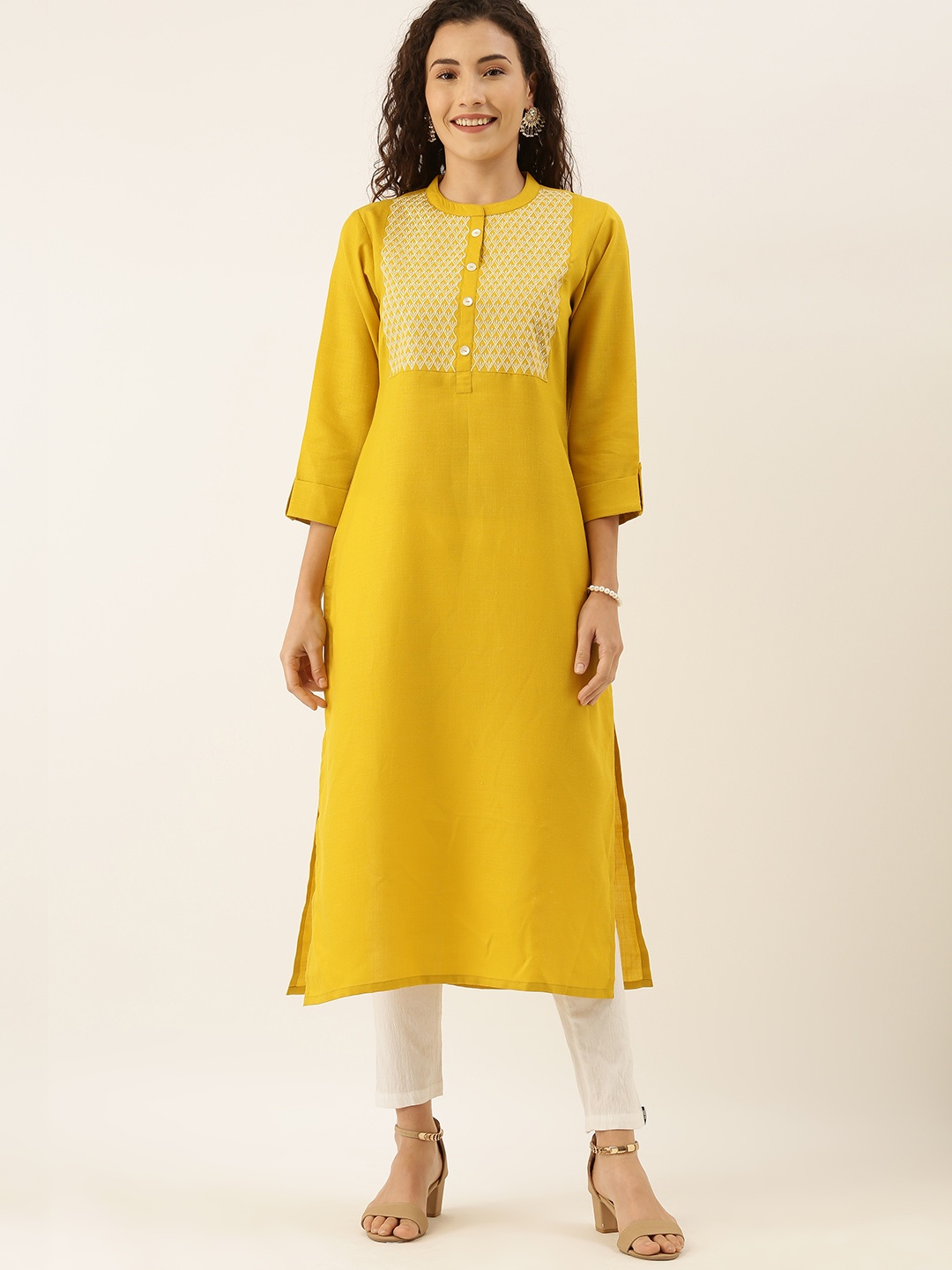 

Varanga Women Mustard Yellow & White Yoke Design Straight Kurta