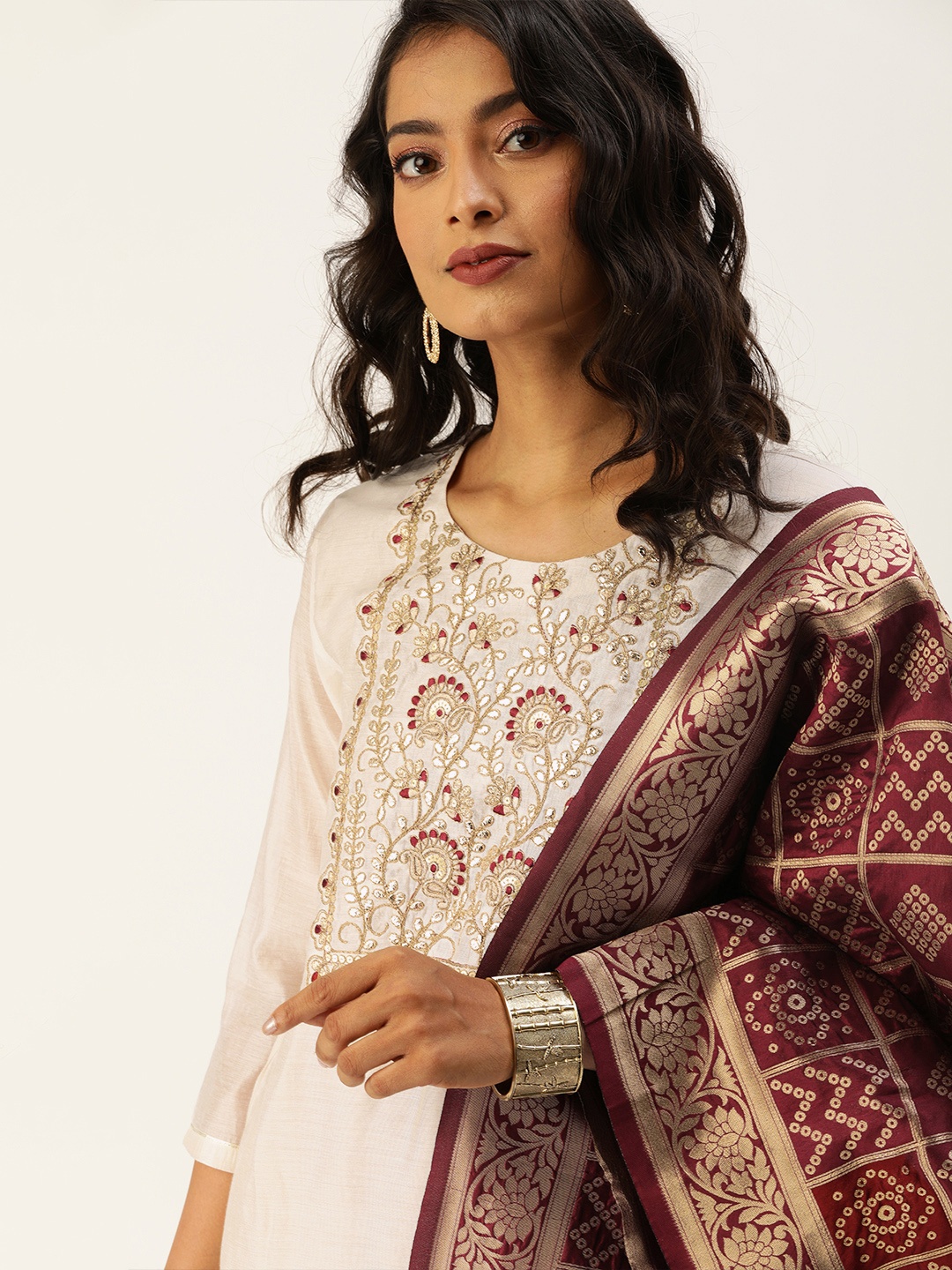 

Varanga Women Off-White & Maroon Yoke Design Kurta with Trousers & Dupatta