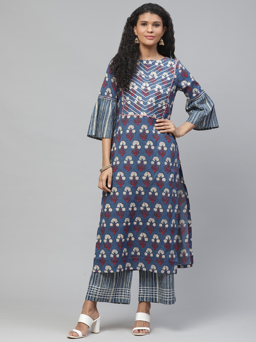 KSUT Women Blue & Off-White Printed Kurta with Palazzos