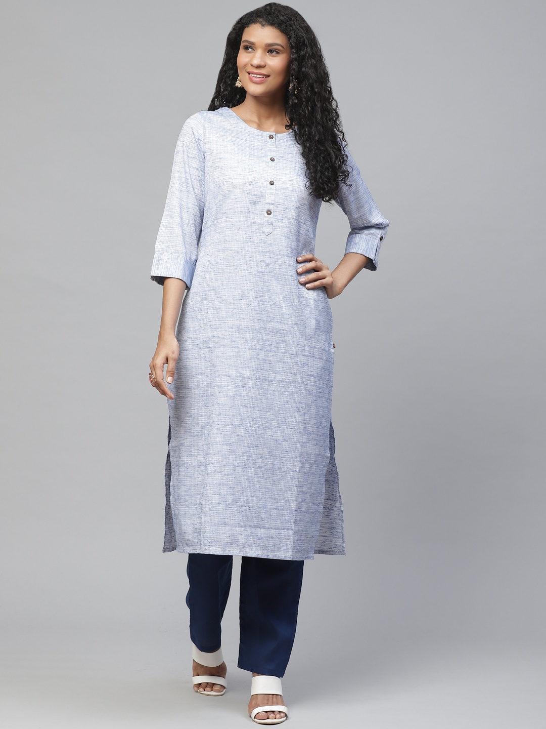 

KSUT Women Blue Handloom Checked Straight Kurta