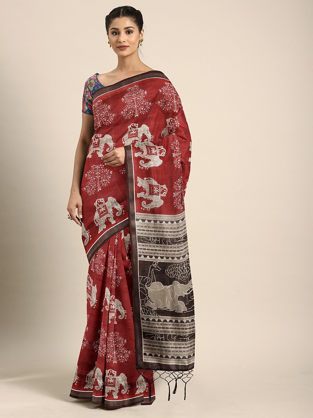 

KALINI Red & Brown Art Silk Printed Mysore Silk Saree