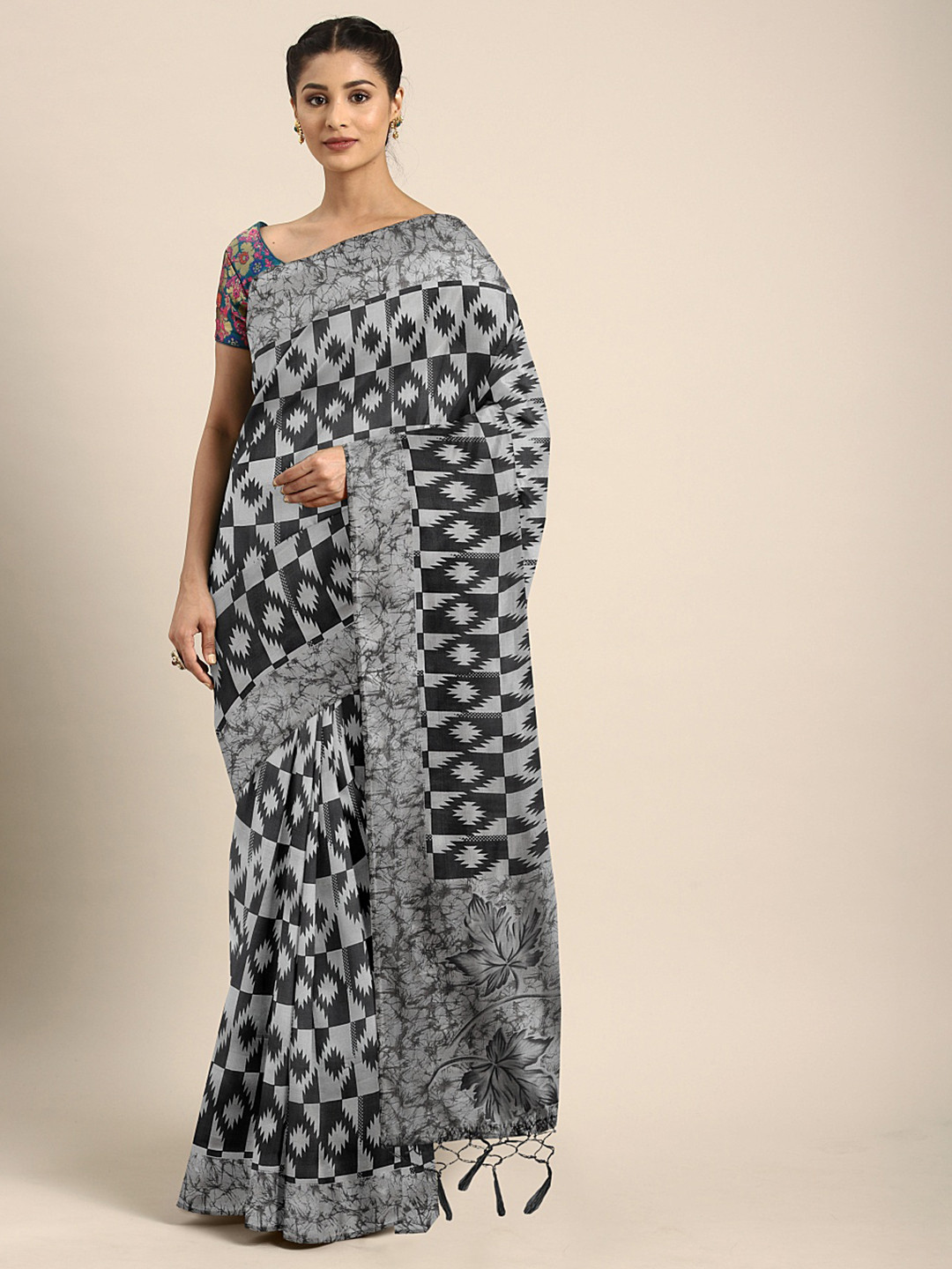

KALINI Black & Grey Art Silk Printed Mysore Silk Saree