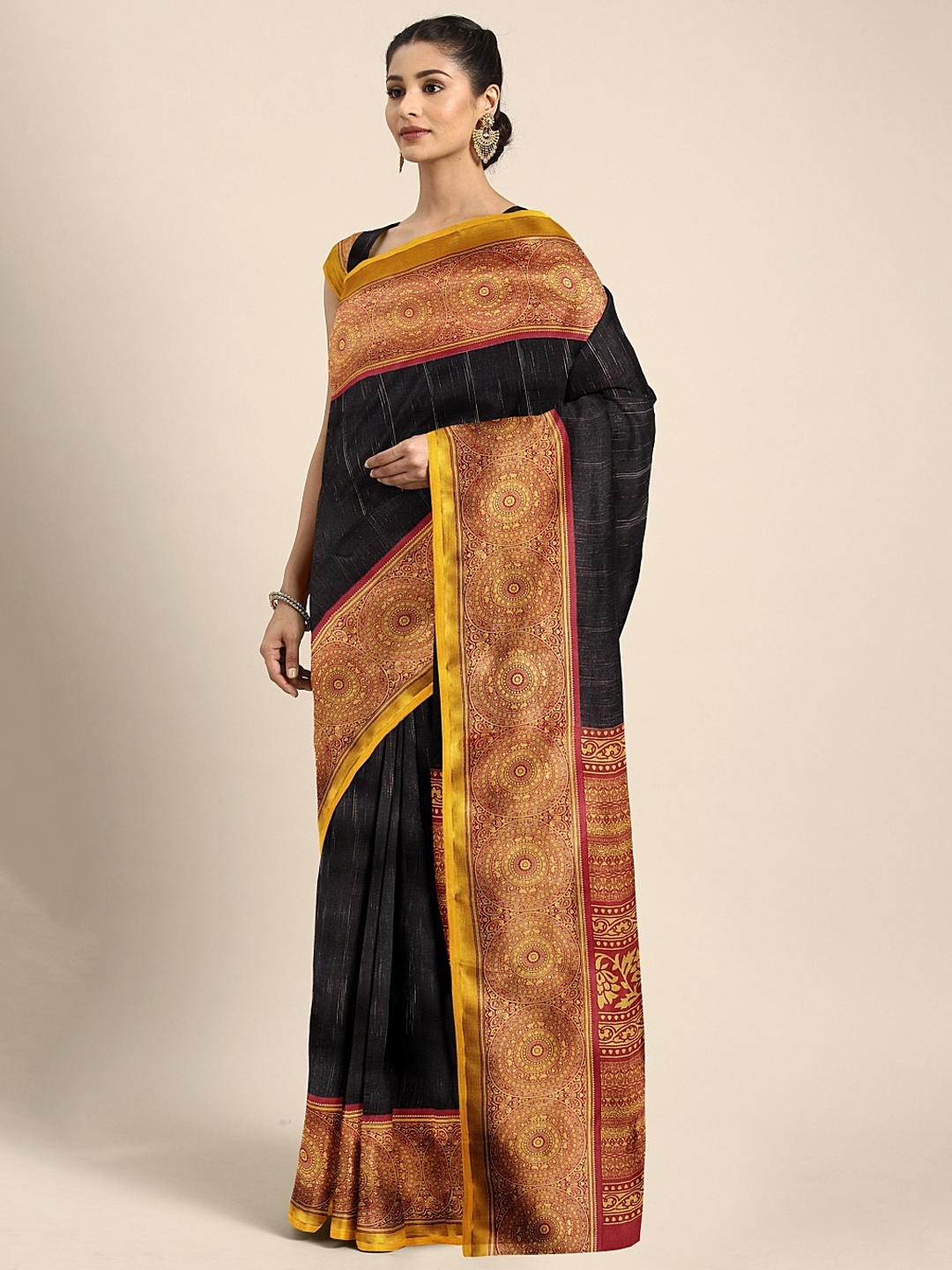 

KALINI Yellow & Black Art Silk Solid Mysore Silk Saree