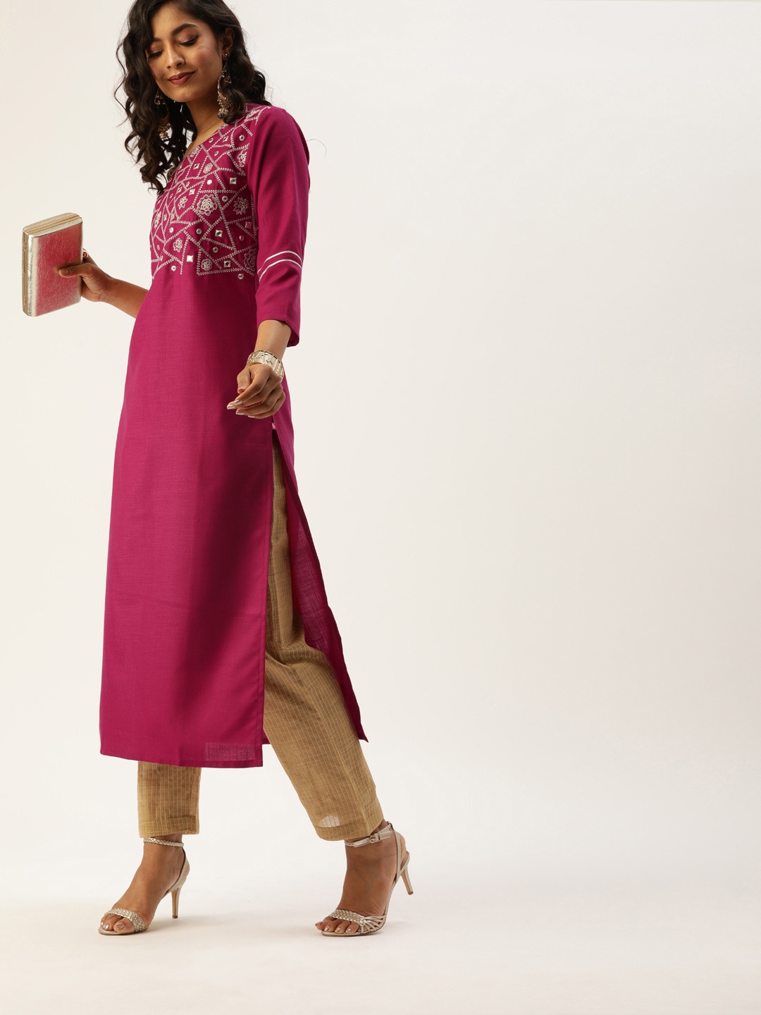 

Varanga Women Magenta Pink Mirror Work Embroidered Straight Kurta with Zari Trim Sleeves