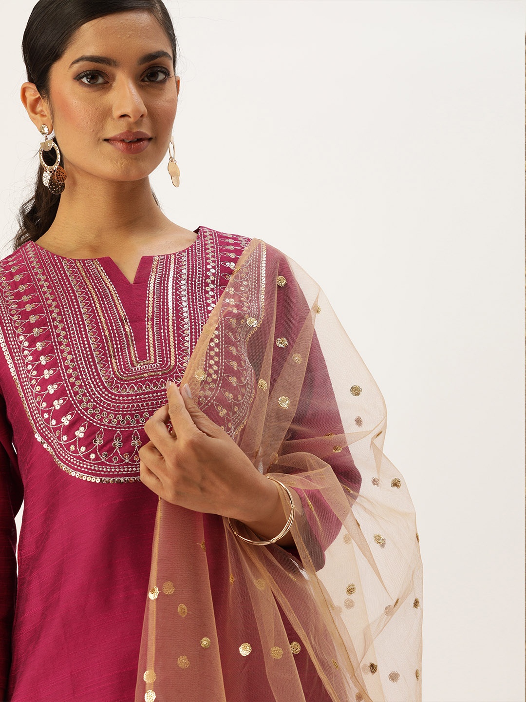 

Varanga Women Magenta Pink & Beige Sequined Yoke Design Kurta with Trousers & Dupatta