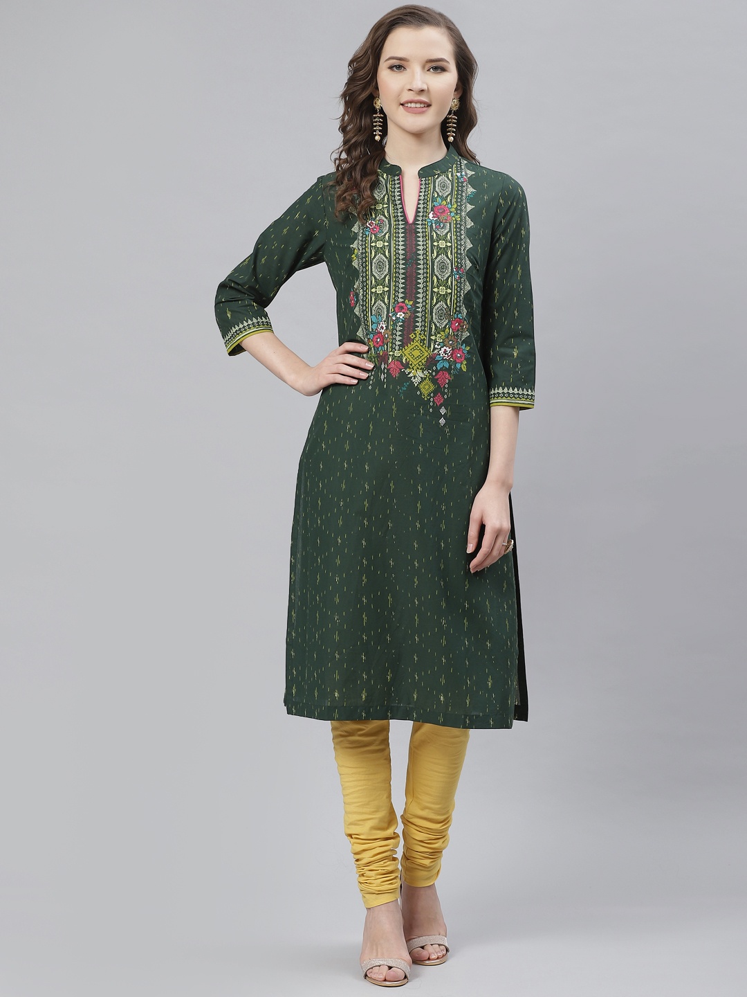 

Biba Women Green & Yellow Printed Straight Kurta