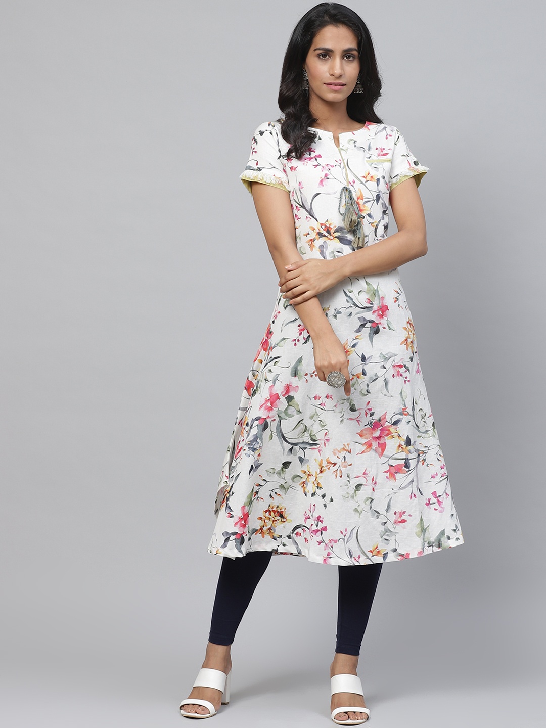 

Biba Women White & Grey Floral Printed A-Line Kurta