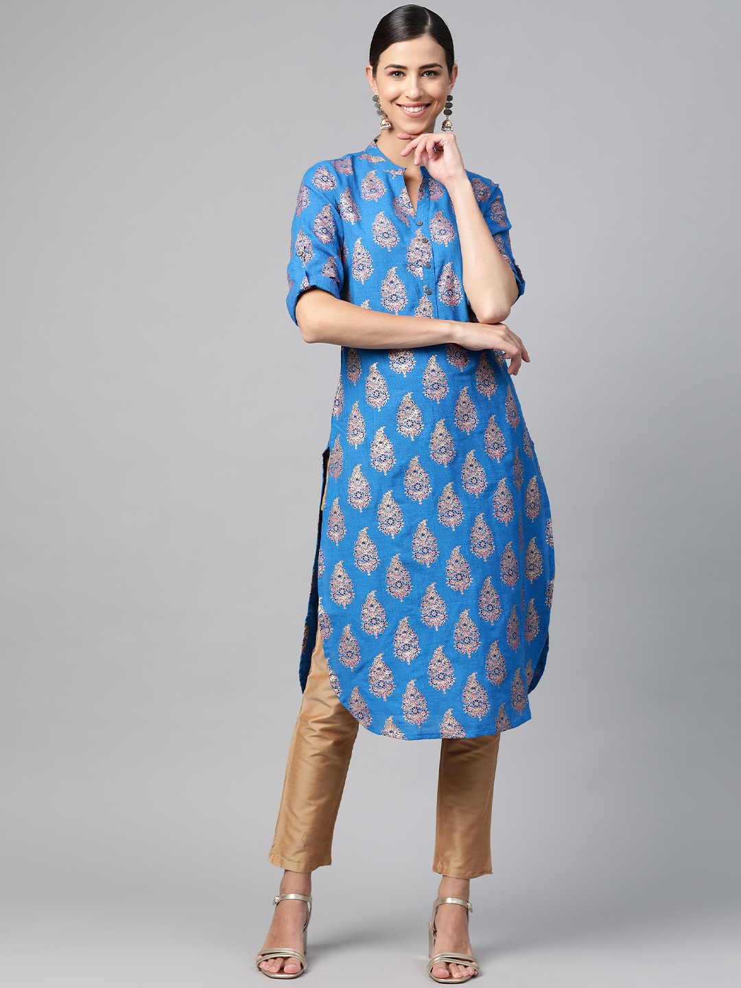 

Biba Women Blue & Beige Pure Cotton Ethnic Motifs Printed Kurta