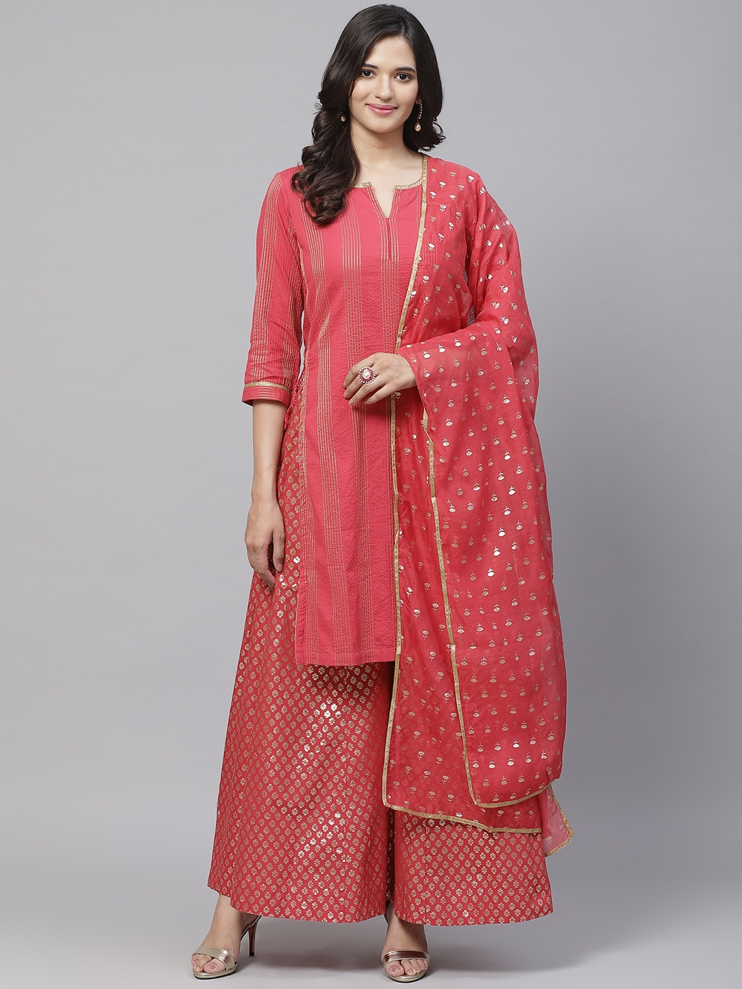 

Biba Women Red & Golden Striped Kurta with Palazzos & Dupatta