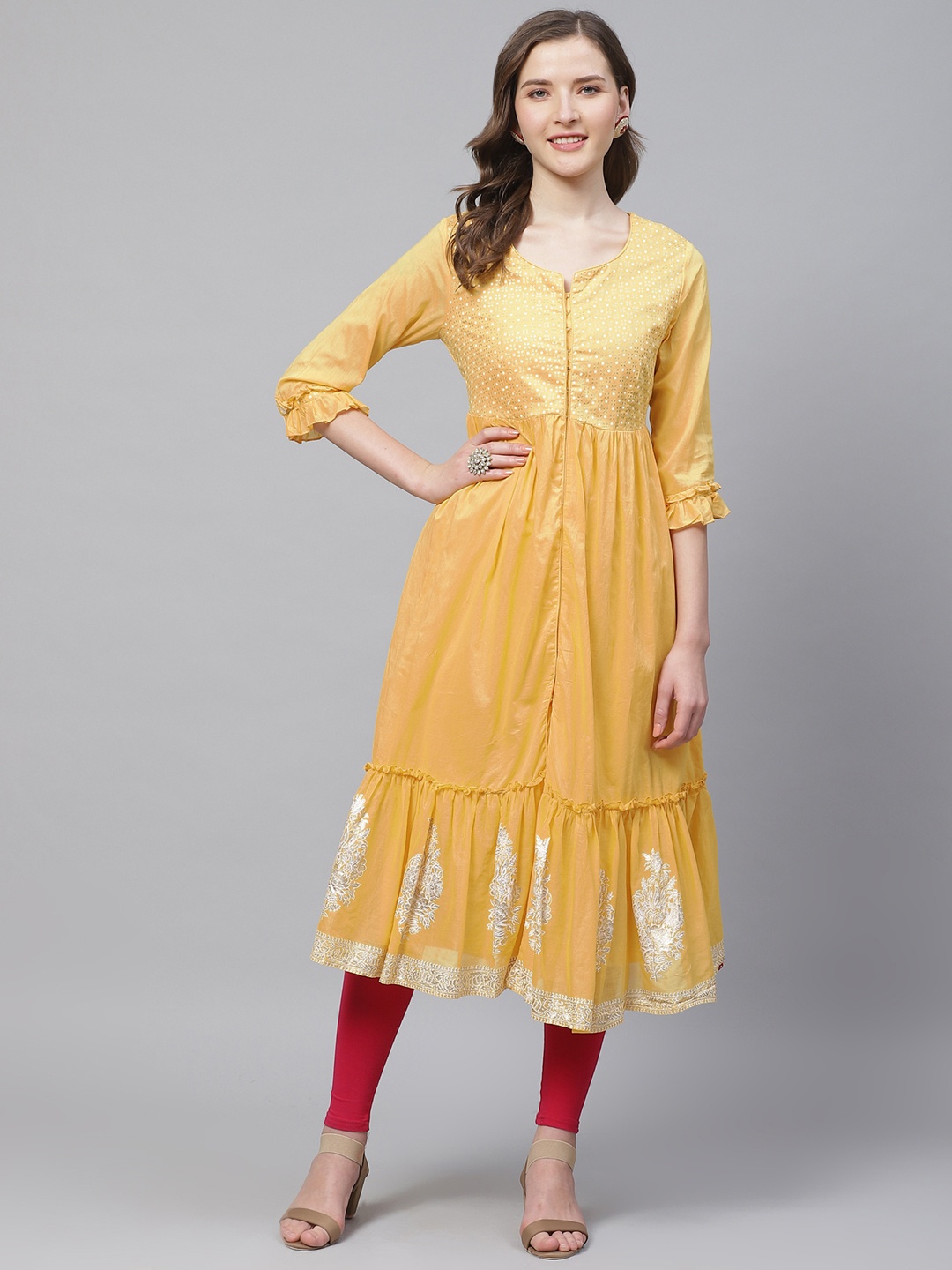 

Biba Women Yellow & Silver Yoke Design A-Line Layered Kurta