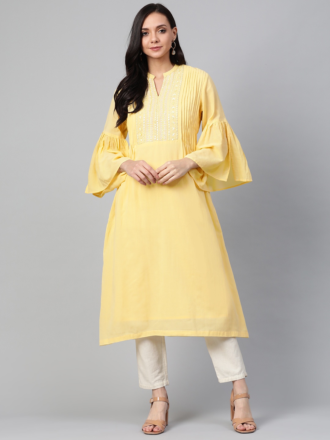 

Biba Women Yellow Yoke Design A-Line Kurta