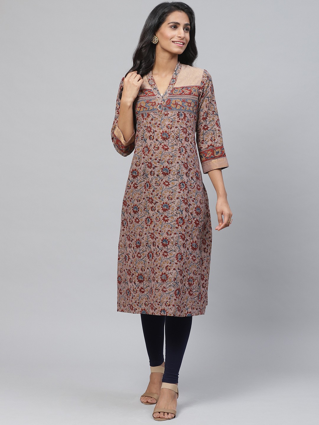 

Biba Women Dusty Pink & Blue Printed Straight Kurta