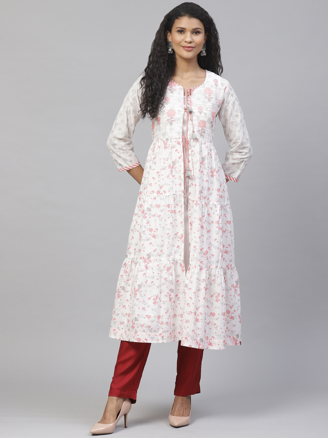 

Biba Women White & Pink Layered Printed A-Line Kurta