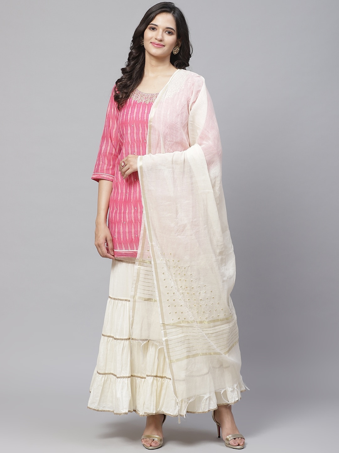 

Biba Women Pink & Off-White Embellished Kurta with Sharara & Dupatta