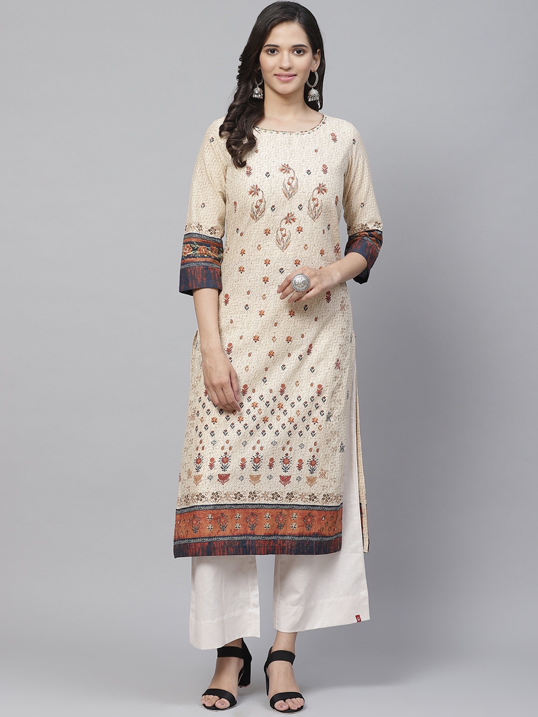 

Biba Women Cream-Coloured & Brown Printed Straight Kurta