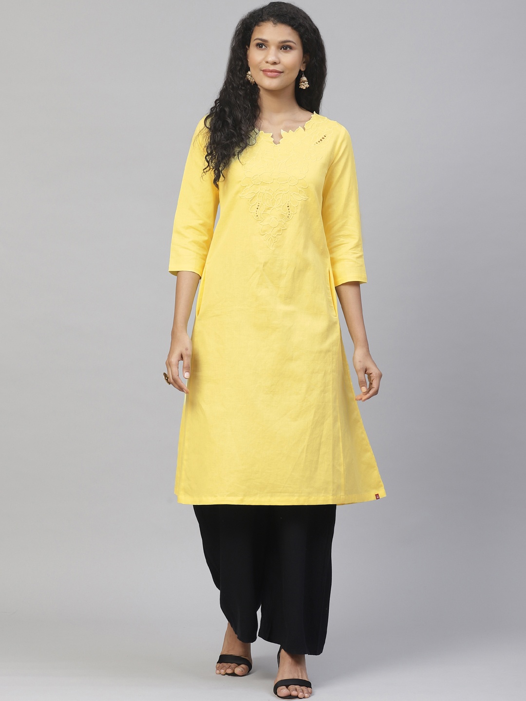 

Biba Women Yellow Yoke Design A-Line Kurta