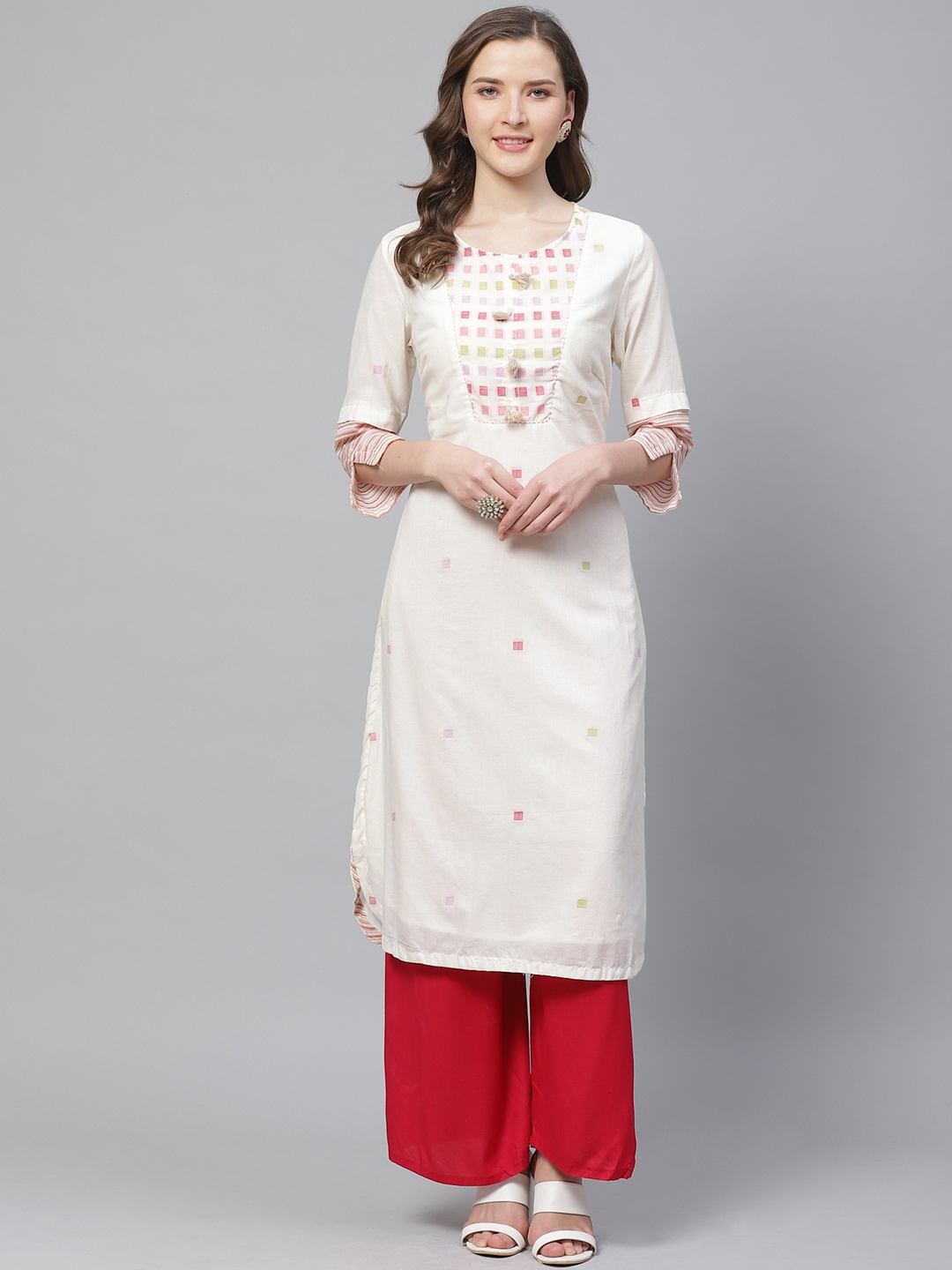 

Biba Women Off-White & Red Woven Design Straight Kurta