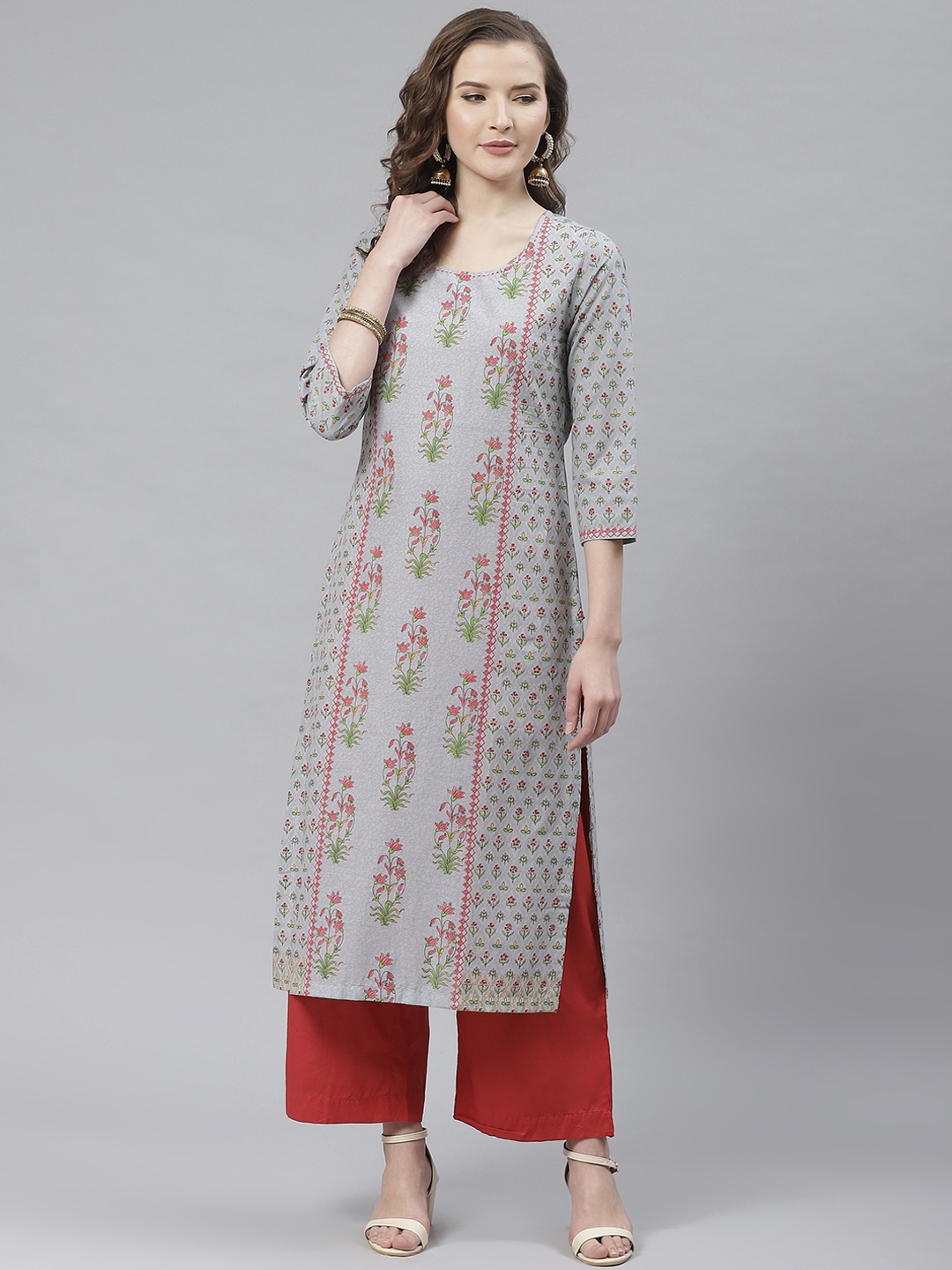 

Biba Women Grey & Red Printed Straight Kurta