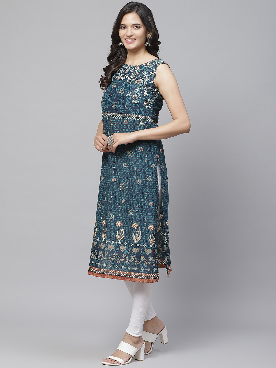 

Biba Women Navy Blue & Teal Green Printed Straight Kurta