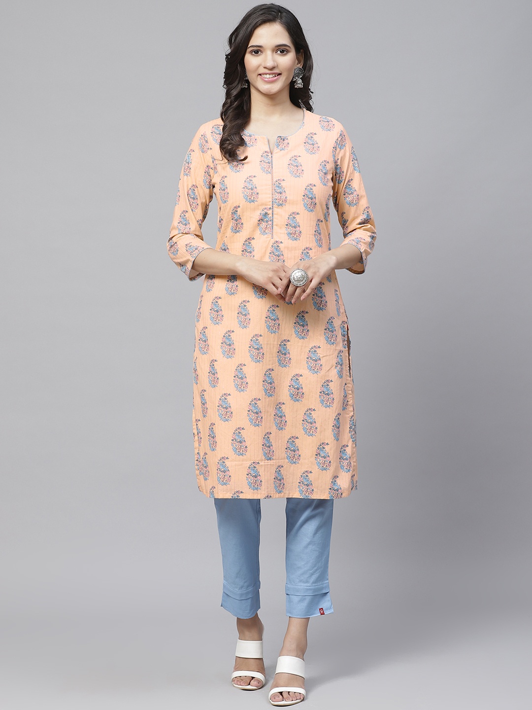 

Biba Women Peach-Coloured & Blue Paisley Print Straight Kurta