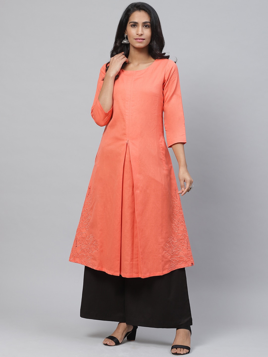 

Biba Women Coral Orange Embroidered Detail A-Line Kurta