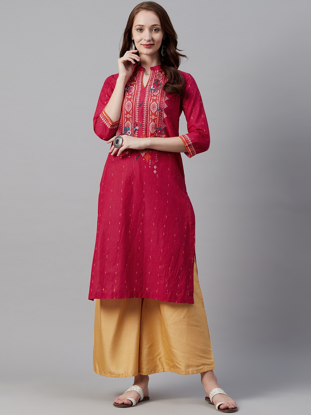 

Biba Women Pink & Beige Printed Straight Kurta