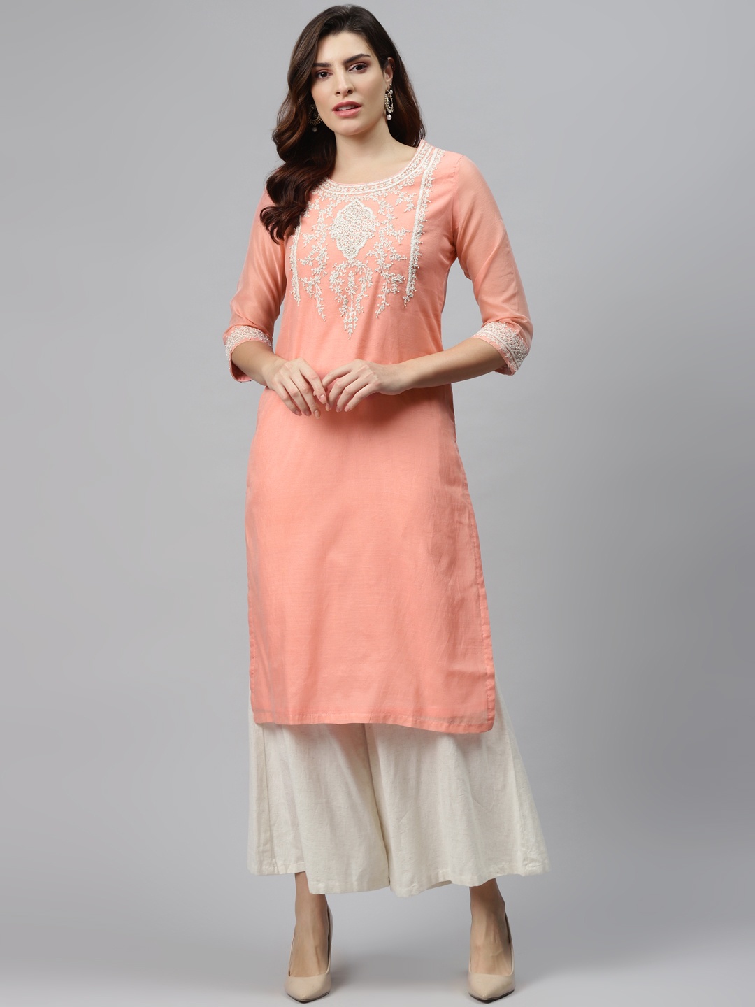 

Biba Women Peach-Coloured & Off-White Yoke Design Straight Kurta