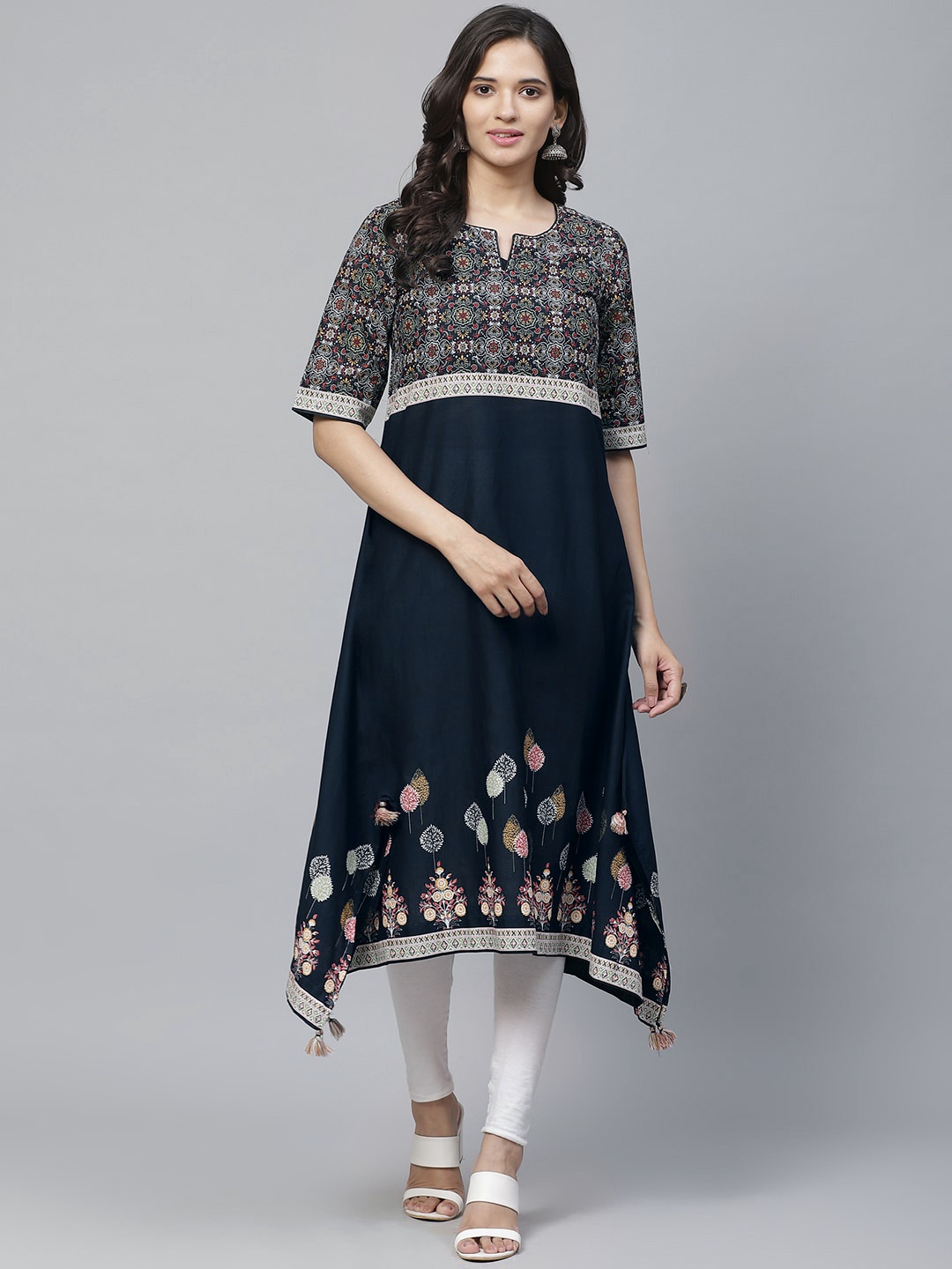 

Biba Women Navy Blue & Off-White Printed Asymmetric A-Line Kurta