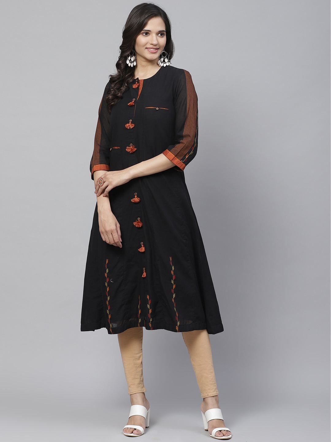 

Biba Women Black & Rust Orange Solid A-Line Kurta