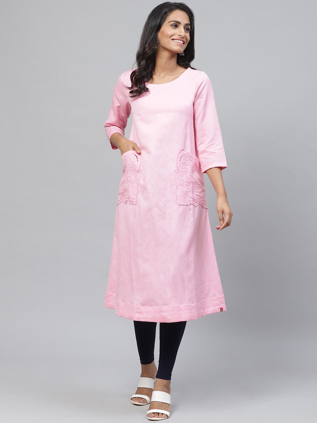 

Biba Women Pink Embroidered Detail A-Line Kurta